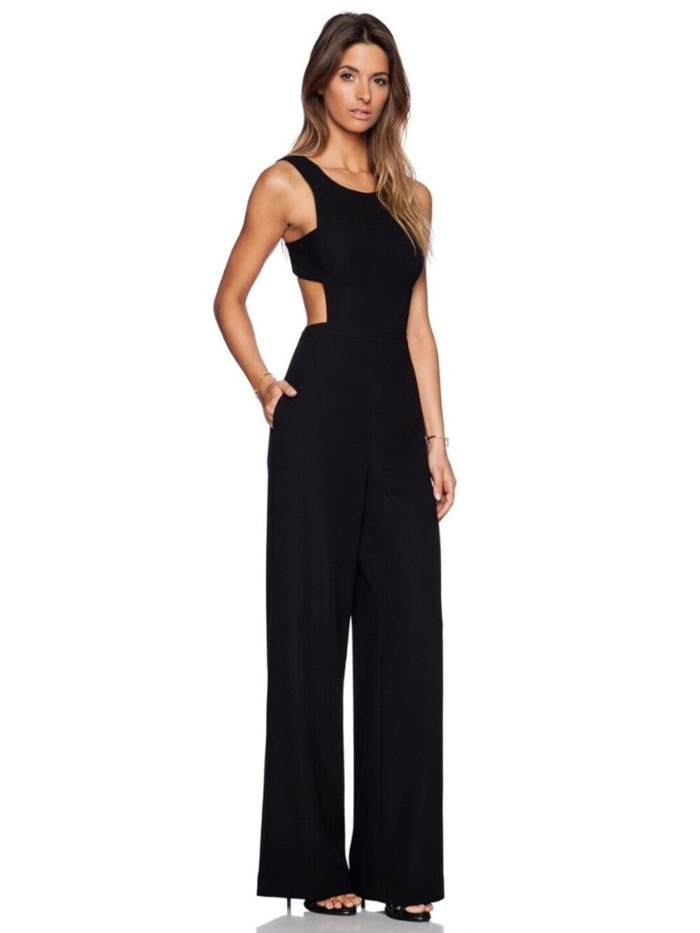 NWT BCBG MaxAzria Rossana in Black Satin Wide Leg Cutout Jumpsuit 0 x 32